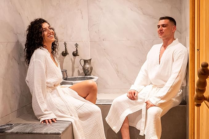 Muslin Unisex Bathrobe Women & Men, 100% Cotton Kimono Lightweight Robe | Long Robes Soft, Absorbent, Spa robes