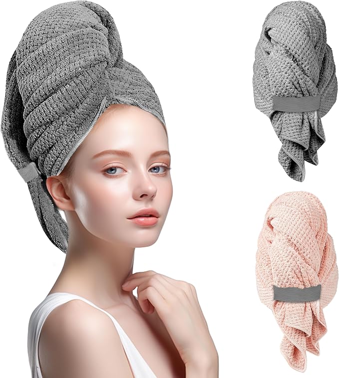 2-Pack Microfiber Hair Towel - 39" x 24" Super Soft, Absorbent Hair Towel Wrap for Women with Long, Thick & Curly Hair - Anti-Frizz Hair Care Turbans with Elastic Strap