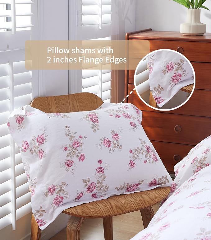 100% French Flax Linen Duvet Cover Set Queen Size, 3pcs Comforter Digital Botanical Printed Rose Farmhouse Floral Bedding with Button Closure and 8 Corner Ties(Pink Rose, Queen)
