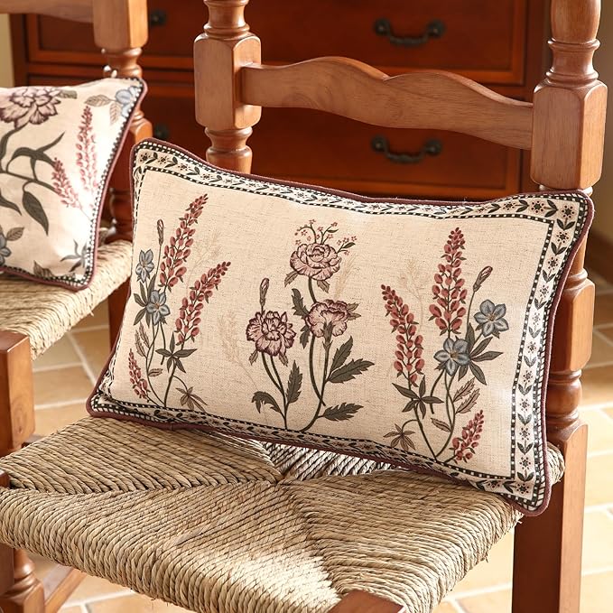 ISAENNE Design Linen Vintage Throw Pillow Covers 12"x20" Pack of 2, Rectangle Cushion Covers with Red Purple Flowers Green Leaves Pattern Decoration Pillowcases for Bed,Living Room,Outdoor,Car