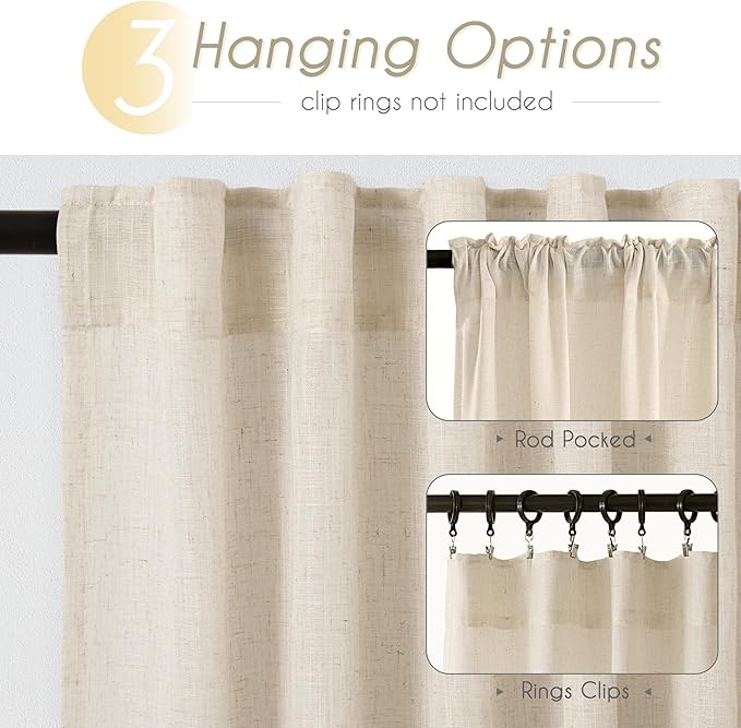 Apricot Linen Curtain 63 inch Length 2 Panels Set Back Tab Light Filtering Living Room Curtain Drapes Home Office Modern Minimalist Decor Farmhouse Boho Neutral Cream Semi Sheer Curtain 63 inch Long