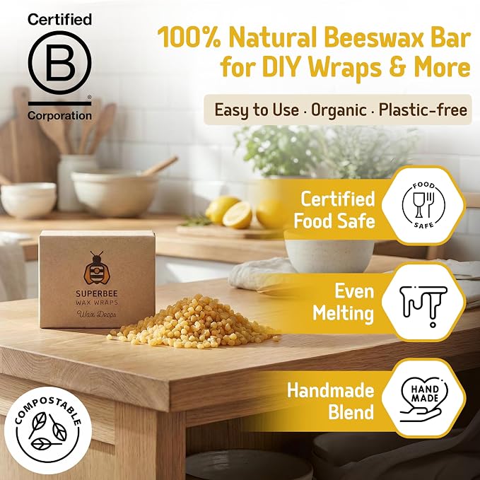 SuperBee Beeswax Drops for Wraps – DIY Kit with Tree Resin & Coconut Oil, Makes Up to 12 Beeswax Wraps, 100g Pack of Drops for Easy Melting & Spreading, Great for Homemade Food Covers