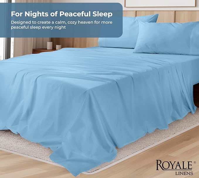 ROYALE LINENS 100% Organic Cotton Full Sheet Set - Percale Weave - 4 Pieces Set - 1 Flat, 1 Deep Pocket Fitted Sheet and 2 Pillowcases - Lake Blue Bed Sheets - Sábanas Full - Crisp Cool (Lake Blue)