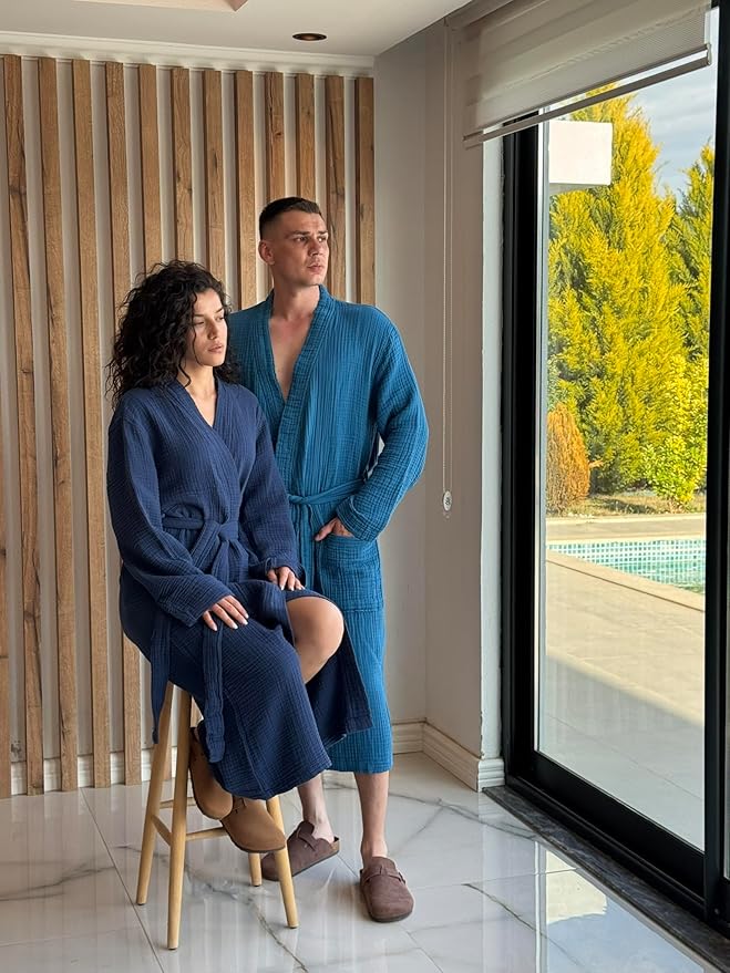 Muslin Unisex Bathrobe Women & Men, 100% Cotton Kimono Lightweight Robe | Long Robes Soft, Absorbent, Spa robes