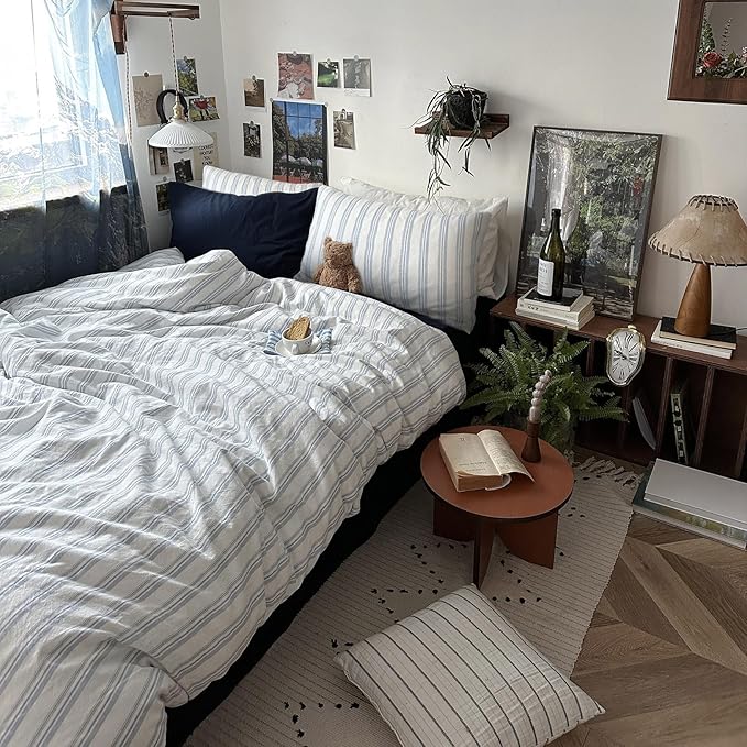 mixinni Vintage Blue & White Striped Duvet Cover Set - 3 Piece 100% Washed Cotton Full Size Bedding | Minimalist Relaxed Style | Ultra Soft Breathable, with Zipper Closure & Corner Ties-Full Size