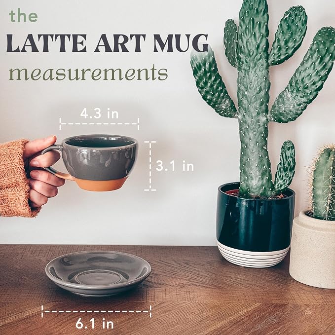 MORA Ceramic Latte Art Mug With Saucer - 10.5 oz, Round Bottom For Perfect Pours - Cafe Cups for Cappuccino, Espresso, Coffee, Tea etc - Porcelain Set for Baristas, Great Gift - Sesame Milk