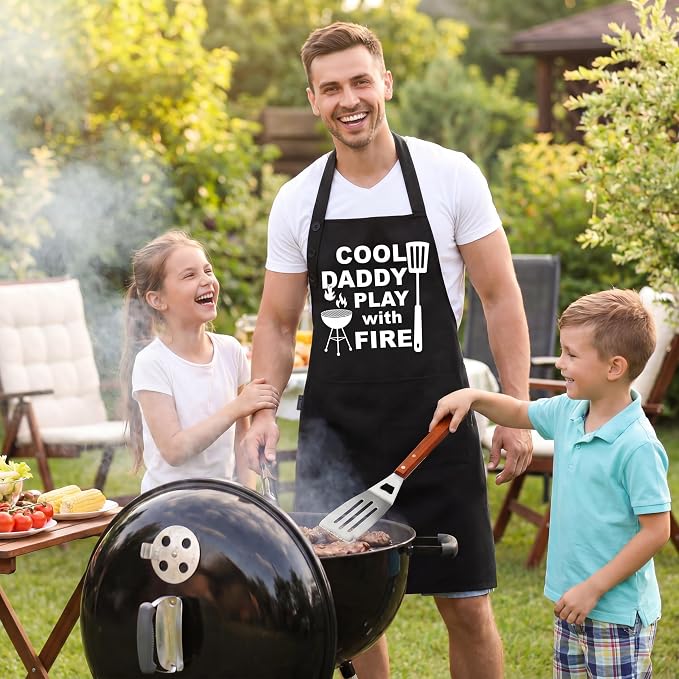 TOSHE Funny Apron Waterdrop Resistant Cotton Apron with adjustable Aprons for Women with Pockets 12 Color option Cooking (Black - Cool Daddy Play with Fire)