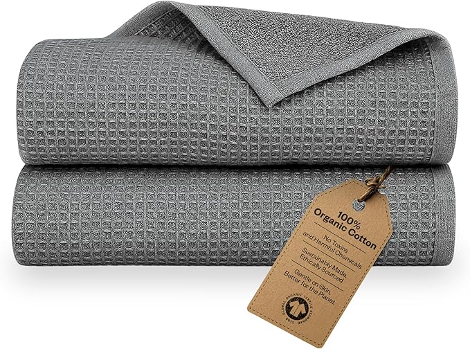 100% Organic Cotton Bath Sheet Set of 2 | Luxury 650 GSM Beach & Spa Towel Sheet | Soft Extra Large Quick Dry Towel for Bathroom | Waffle Terry Weave | Grey 35x70