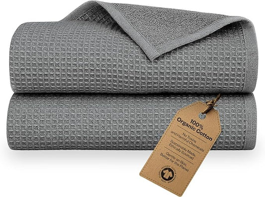 100% Organic Cotton Bath Sheet Set of 2 | Luxury 650 GSM Beach & Spa Towel Sheet | Soft Extra Large Quick Dry Towel for Bathroom | Waffle Terry Weave | Grey 35x70