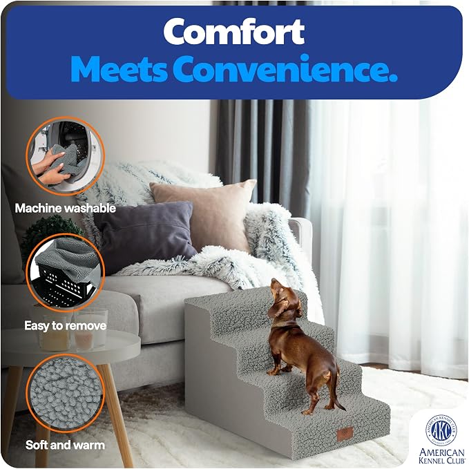 AKC – 4-Step Pet Stairs for Beds & Couch | Built for Small Dogs & Small Breeds | Long-Back & Senior Dogs | Lightweight, Soft, Non-Slip, Washable | No-Tool Assembly | Supports 35 lbs | 16x24x14.2 in