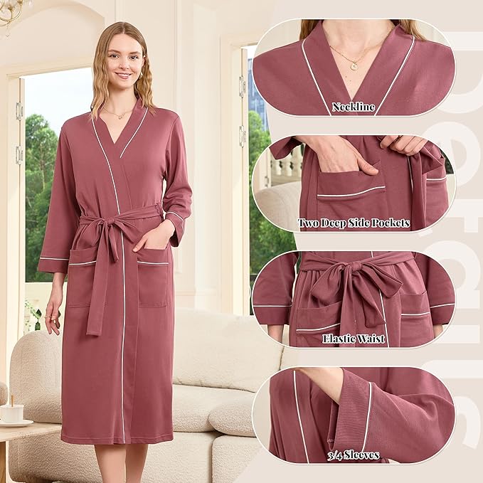 HEARTNICE Womens 100% Cotton Robe, Soft Kimono Spa Long Bathrobe Lightweight Loungewear