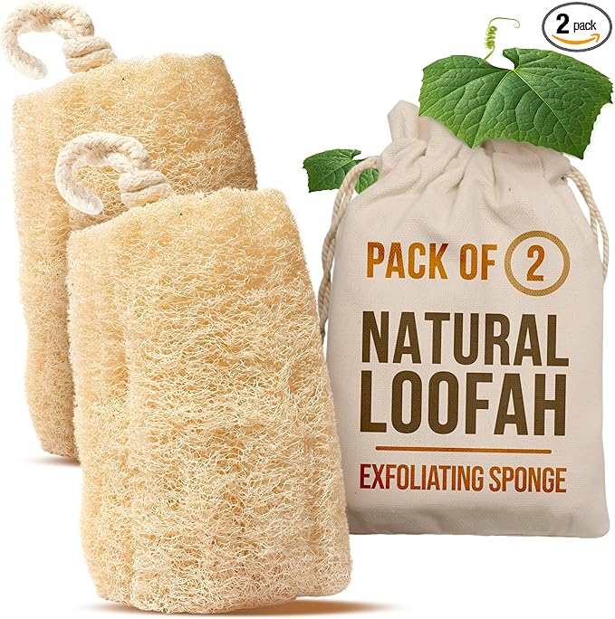 Natural Loofah Sponge – Egyptian Luffa Body Scrubber Pack of 2 for Men & Women, Natural Bath & Shower Loofah Exfoliator, All Natural Loofah Sponges for Face Back & Body, 6" x 6"