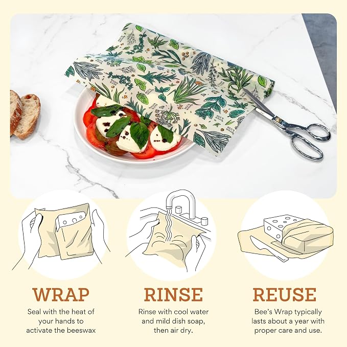 Bee's Wrap Beeswax Wraps for Food - Cut to Size 14x52" Beeswax Wrap Roll - Made in USA Reusable Natural Food Wrap - Herb Garden Print