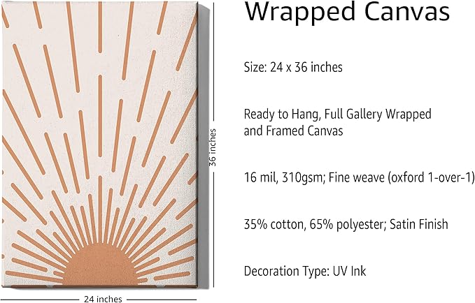 Minimalist Sunburst Wrapped Canvas Wall Art Abstract Geometric Arch Earth Tones Terracotta Mid Century Modern 24x36 Inch Gallery Stretched Modern Home Art Decor