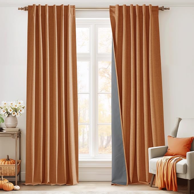 RYB HOME Burnt Orange Total Blackout Curtains Linen Texture, Fall Curtains for Bedroom/Living Room/Office, Thermal Insulated Boho Farhmouse Home Decor, Luxury Privacy Drapes, W52xL96, 2 Panels