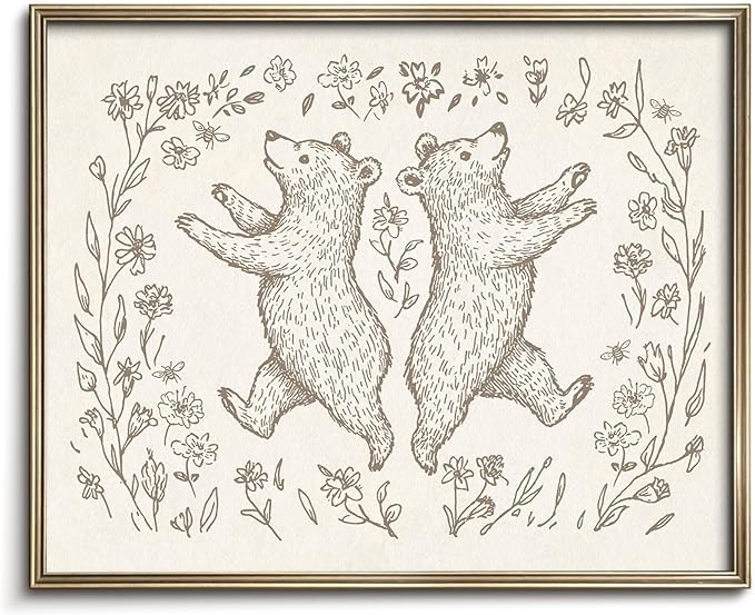 Vodefoad Bear Sketch Vintage Wall Art Retro Nursery Cheerful Bear Art Print Neutral Cottagecore Nursery Decor Farmhouse Rustic Bears Wall Decor for Gallery Nursery Bedroom Bathroom Office - 8x10Inch Unframe