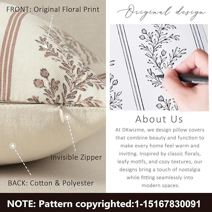 Vintage Throw Pillow Covers 12x20 Set of 2, Striped Floral Pillow Cover Botanical Patterned Decorative Cushion Covers Modern Farmhouse Home Decor for Sofa Couch Bed Living Room, Almond