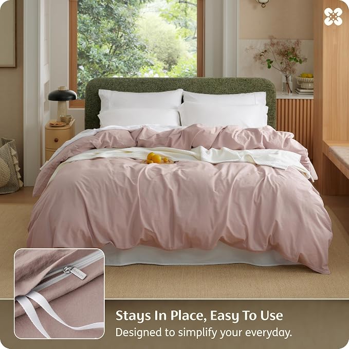 Bedsure Duvet Cover King Size - 100% Washed Cotton, Linen-Like Minimalist Bedding - PureWoven Plain Soft Comforter Cover for All Seasons, 1 Duvet Cover Only (Petal Pink, 104" x 90")