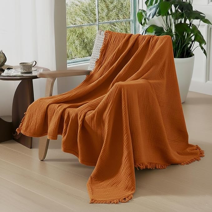 KyraHome Muslin Throw Blankets for Adults, Kid, 50"x60",100% Cotton Plant Dyed, Breathable, Lightweight Gauze Soft Cotton Blanket for Couch, All Season (Terracotta/Rust Orange)
