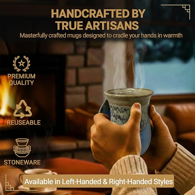 Clay in Motion Hand Warmer Coffee Mug – Handmade Coffee Mug With Comfortable Handle Contoured Pocket Hand Warming Ceramic Coffee Mug – Proudly Made in USA – Left Handed – 14 Oz - Sandy Beach