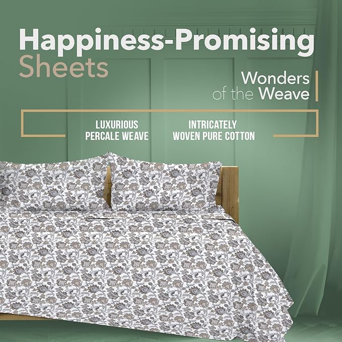 TEXAS LINEN CO. 100% Organic Cotton Percale Sheets Full Size - 4 PC Organic Cotton Full Size Percale Printed Sheet Sets, Soft, Crisp, Cooling Sheets, 16" Deep Pocket Hotel Bedding Set - Floral Ivory