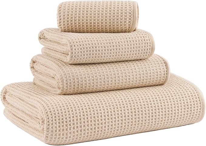 MICROFI Waffle Weave Bath Towel Set, Microfiber, 4 Pieces (Body/Hair/Hand/Face), Quick Dry, Lightweight, Super Absorbent, Lint Free, 380 GSM (Champagne)