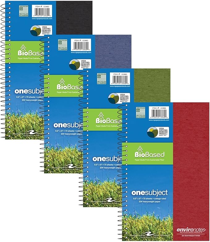 Roaring Spring Environotes Biobased Notebook, USDA Biopreferred, 9.5" x 6", 70 Sheets, Heavyweight 20 lb. recycled paper, College Ruled, Assorted Colors (Case of 24)