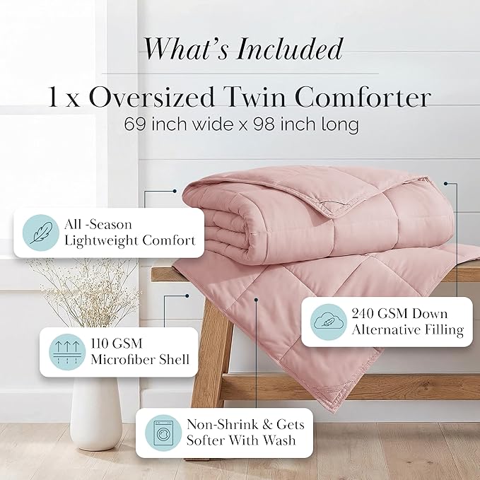 Southshore Fine Living, Inc. Twin Comforters, Oversized Bedding, Down-Alternative Pink Comforter Twin Size, Fluffy Comforter for Dorm Room, Pet Hair Resistant Bedding, Pastel Pink Comforters