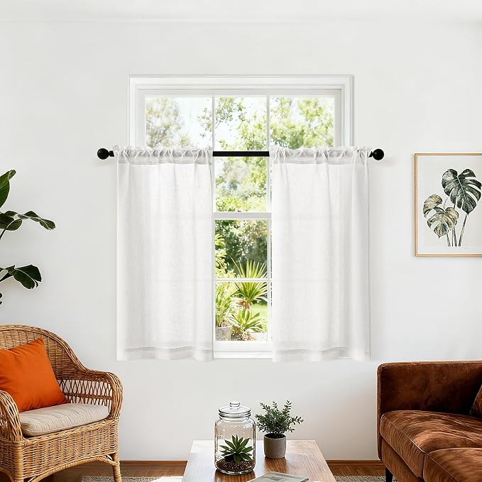 Off White Semi Sheer Linen RV Campers Curtains 45 Inch Long 2 Panels | Ivory, Rustic, Short Curtains for Cafe Small Window Treatment, Light Filter, W25xL45 Inch, Rod Pocket Drapes