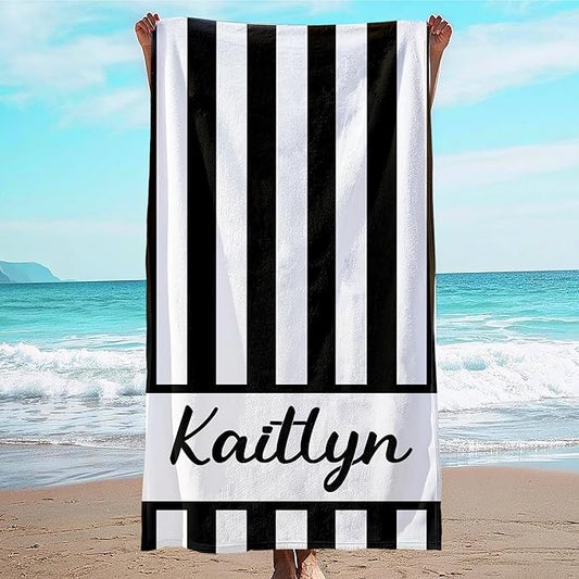 JML Personalized Beach Towel with Name, Custom Cabana Stripe Beach Towel, Customized Microfiber Pool Towel, Quick Dry & Absorbent Swim Towel for Adult,Anniversary, Birthday, Summer Holiday,Vacation
