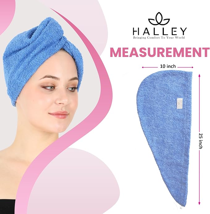 HALLEY Cotton Hair Towel Wrap (3 Packs) Super Absorbent Fast Drying Hair Towel for Thick Hair Turbans for Wet Hair with Button (Blue)