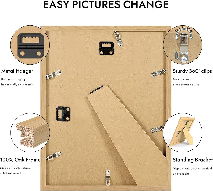 Hongkee 9x12 Oak Wood Picture Frame 1 Pack(Matted 7x10), Real Glass Cover | Natural, 9 x 12 Solid Wood Frame for Wall or Tabletop Display - Includes Easel Back, Vertical Hang - Ideal for Home, Office