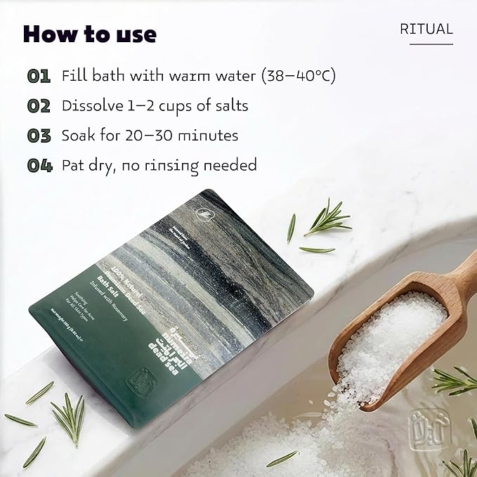 Dead Sea Salts for Soaking - Relaxing Salt Bath Soak for Body Rejuvenation - Natural Mineral Salts - Coarse Dead Sea Salt Bath Salts for Women & Men w/Rosemary Essential Oil (8.82 oz)