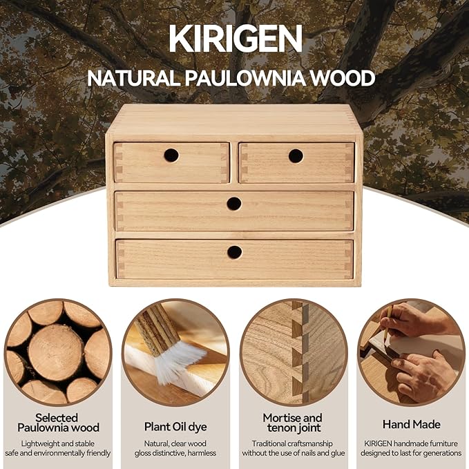 KIRIGEN Wood Desktop Storage Cabinet with 4 Drawers, 3-Tier Desk Organizer for Letter-Size Paper, Mail, Home Office Supplies, Makeup, Crafts, Desk or Countertop, Fully Assembled WJG34-NA
