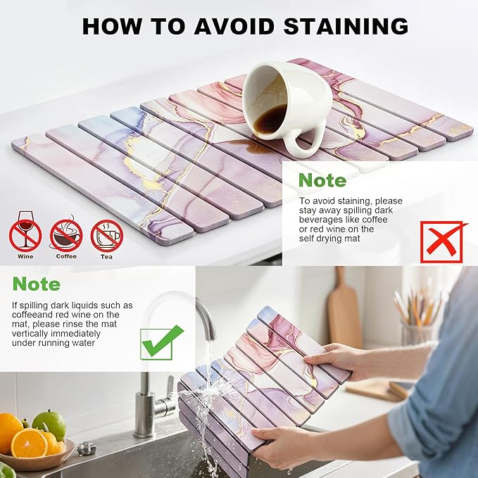 Stone Dish Drying Mat for Kitchen Counter - 24" x 16" Ultra Absorbent Diatomaceous Earth Mat, Foldable Fast Drying Countertop Protector, Non-Slip Eco-Friendly Stone Mat for Dishes