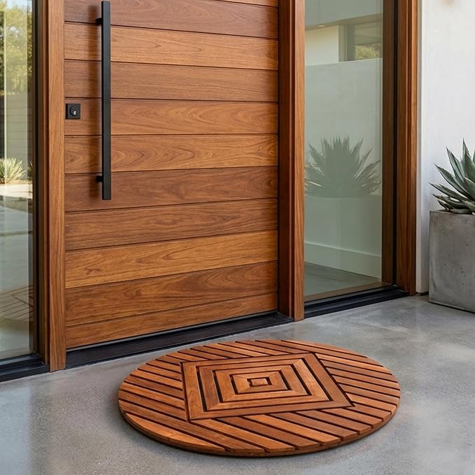 Designer Round Teak Shower Mat, Xtra-Large 32” Diameter, Waterproof, Teak Oil Finish, for Bathroom, Pool, Spa, Boat, Sauna, Patio, Front Door from Our Diamond Collection