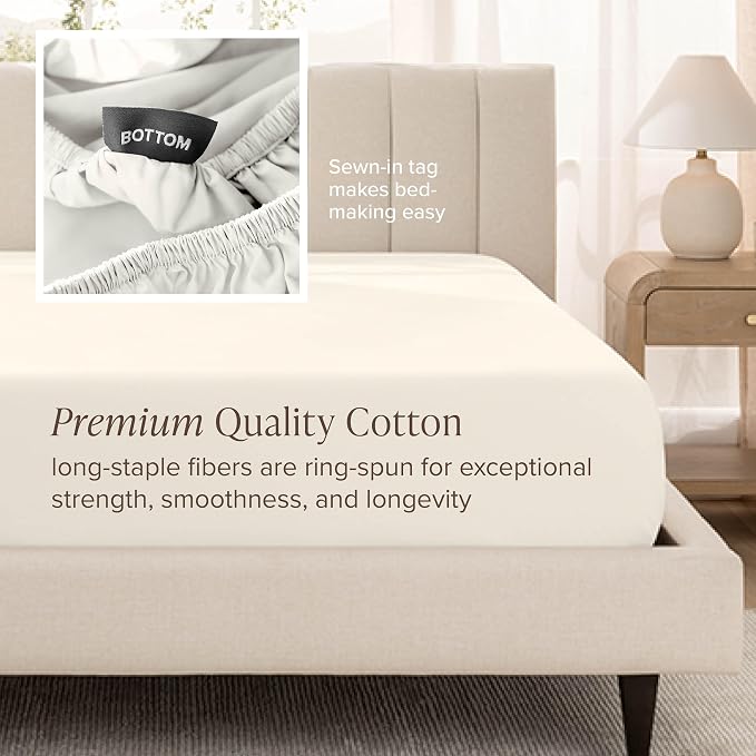 Bare Home 100% Organic Cotton Split Head Flex King Sheet Set - 400 Thread Count - Smooth Sateen Weave - Breathable & Cooling - Hotel Luxury Set - Deep Pocket Bed Sheets (Split Head Flex King, Cream)