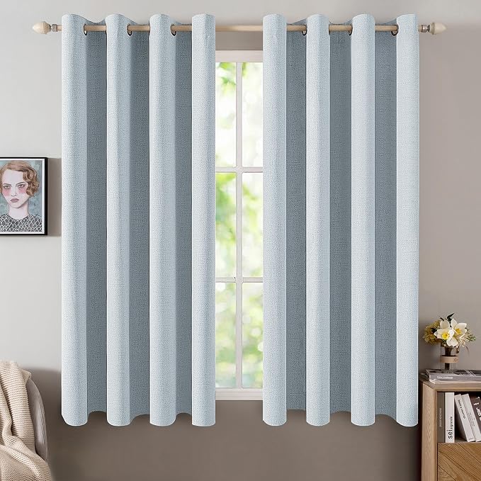 MIULEE Linen Textured Curtains for Bedroom Solid 100% Blackout Thermal Insulated Chambray Blue Grommet Room Darkening Curtains & Drapes Luxury Decor for Living Room 52 x 54 Inch (2 Panels)