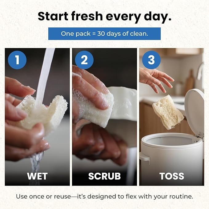 Scrub & Throw XL Loofah Scrub Sponge, Natural, Plastic-Free, Non-Scratch, for Kitchen, Dishes, Pots and Cleaning, Plant-Based, Plastic-Free, Eco-Friendly, Biodegradable, 30 Pack