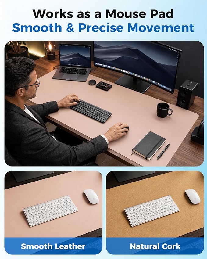 Aothia Cork Desk Mat - Dual-Sided Extra Large Desk Pad & Keyboard Mat, Long PU Leather Desk Protector, Waterproof Desktop Blotter (47" x 17", Pink)