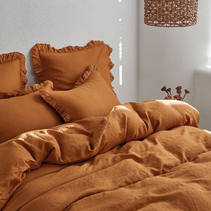 Simple&Opulence 100% Linen Duvet Cover Set, 3 PCS Natural French Flax Rust Ruffle Duvet Cover King Size, Breathable Comfy Linen Bedding Comforter Cover with 2 Pillowcases (Rust, 104" X 92")