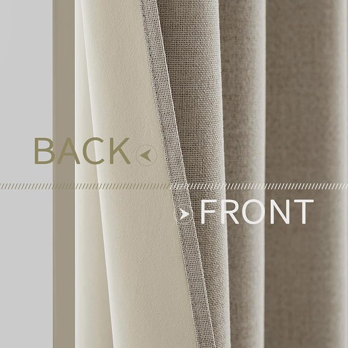 MIULEE 100% Blackout Linen Textured Curtains for Bedroom Solid Thermal Insulated Pebble Taupe Grommet Room Darkening Curtains & Drapes Luxury Decor for Living Room 52 x 84 Inch (2 Panels)