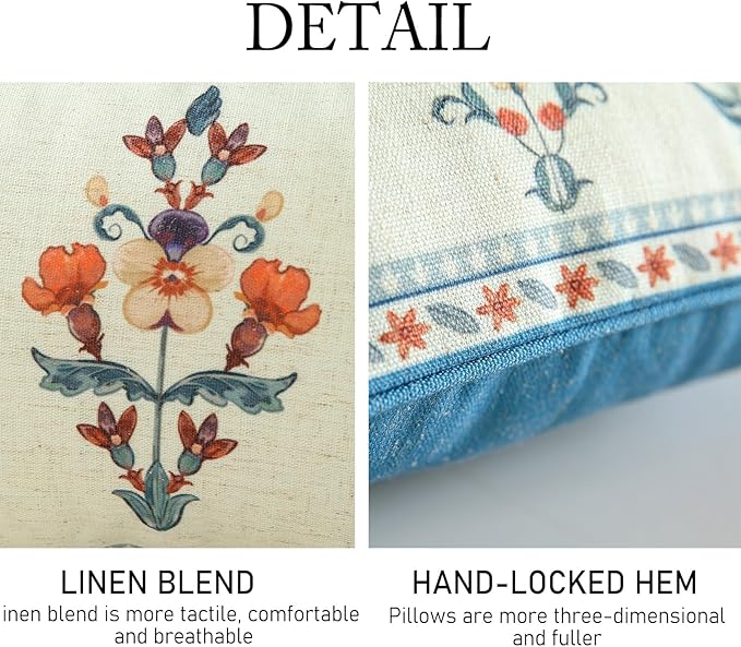 ISAENNE Design Lumbar Linen Throw Pillow Covers 12"x20" Pack of 2, Blue Country Cushion Covers with Colorful Wildflower Pattern Decor Rectangle Pillowcases for Bed,Living Room,Outdoor,Car