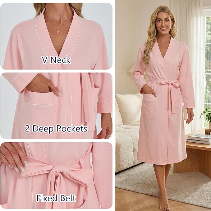 U2SKIIN Womens Organic Cotton Robe, Lightweight Long Kimono Bathrobe for Women, Soft Spa Lounge Sleepwear with Pockets