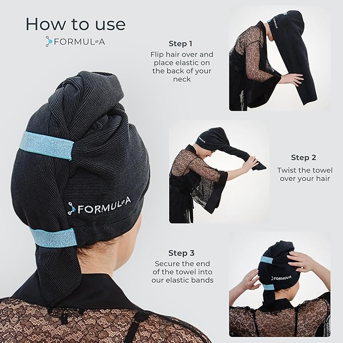 FORMUL-A Microfiber Hair Towel Wrap – Anti Frizz Towel - Fast Hair Drying Towel Wrap – Hair Care Products – Hair Plopping Wrap Towel – Hair Turban for Wet Hair – Super Absorbent (Black/Blue Straps)