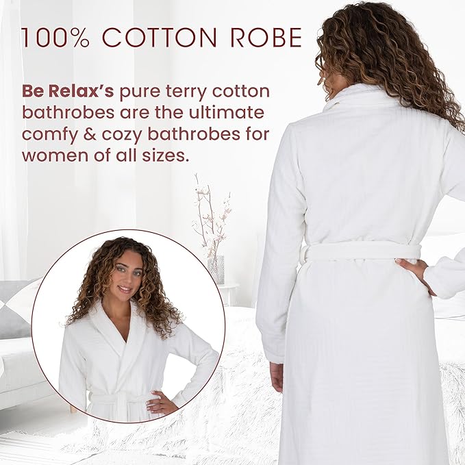 Be Relax Bathrobe for Women - Full Length Terry Cotton Robe with Shawl Collar and Hood, Warm and Cozy Robe with Belt & Pocket