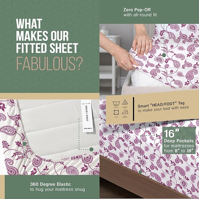 TEXAS LINEN CO. 100% Organic Cotton Sheets Twin XL Size - 3 PC Organic Cotton Percale Printed Sheets Twin XL Set (Paisley), Crisp, Cooling Bedsheets, 16" Deep Pocket Hotel Bedding - GOTS Certified