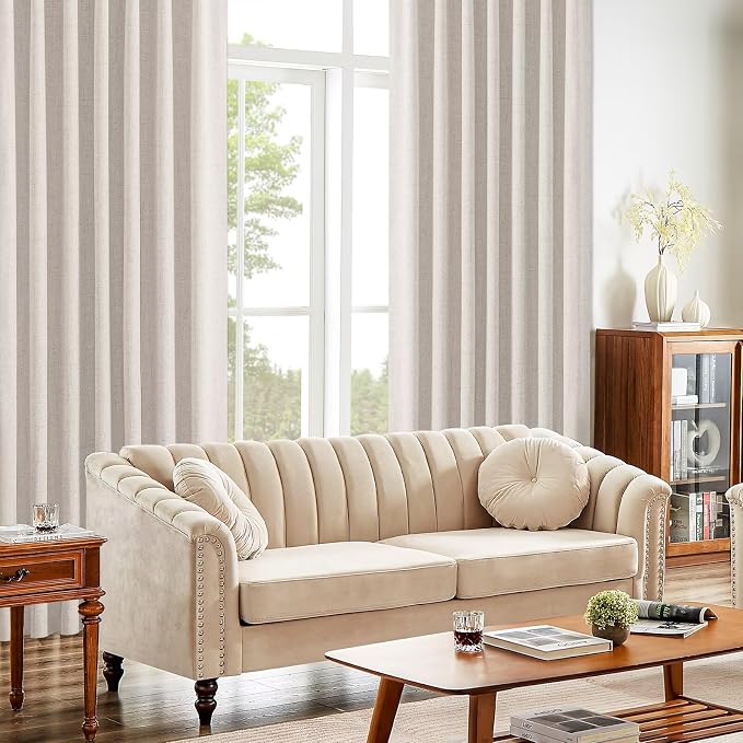 CUCRAF Linen 100% Blackout Curtains 84 Inch Length 2 Panels Set, Back Tab and Rod Pocket Curtain for Living Room Bedroom, Room Darkening Window Drapes Thermal Insulated, (52x84 inch, Greyish White)