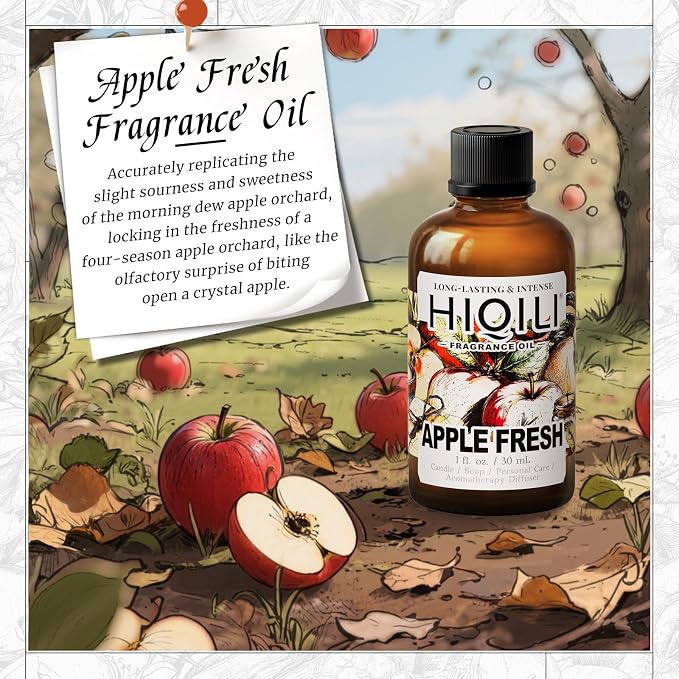 HIQILI Apple Fresh Fragrance Oil for Candle & Soap Making - 1 Fl Oz | for Home or Car Diffuser Use, Bath Bombs & Perfume Making, Long-Lasting Fruity Scent - 30 ML