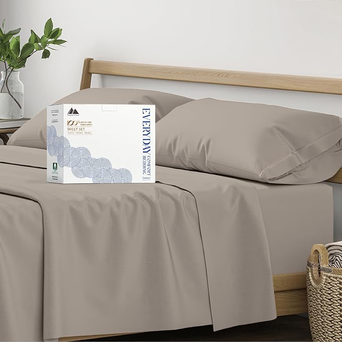 Mayfair Linen 100% Organic Cotton Sheets Twin Size - 3 PC Organic Cotton Percale Sheets Twin Set (Taupe), Soft, Crisp, Cooling & Breathable Bedsheets, 16" Deep Pocket Hotel Bedding - GOTS Certified